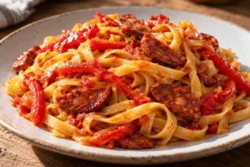 Tagliatelles au chorizo avec poivrons rouges fondants