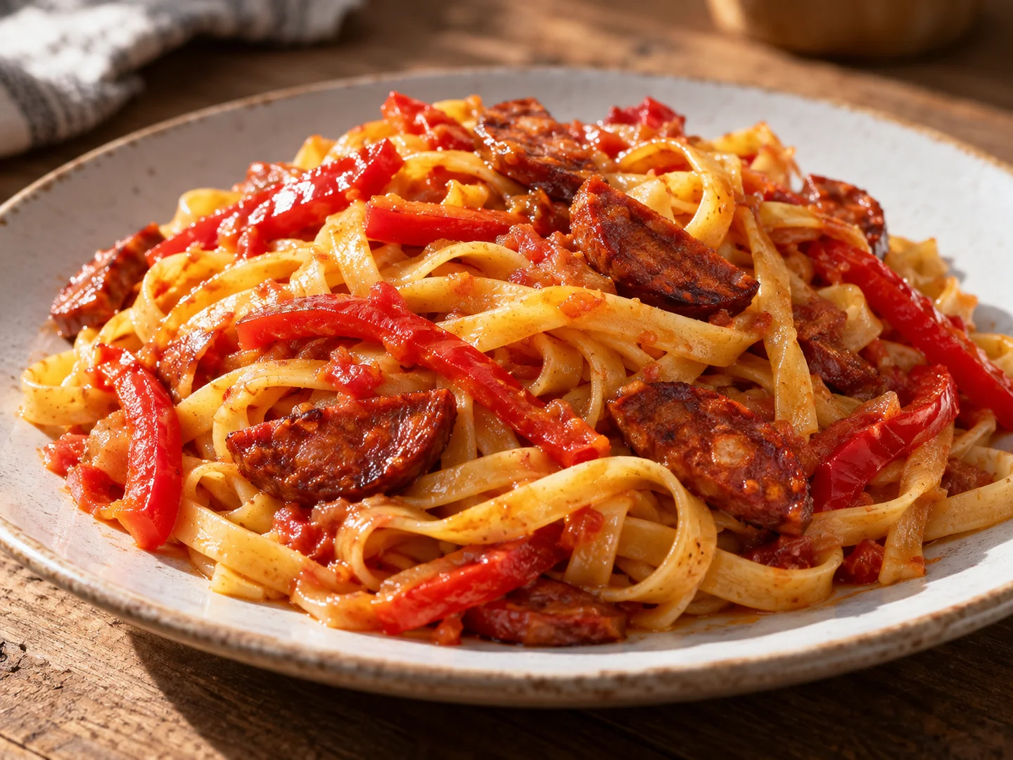 Tagliatelles au chorizo avec poivrons rouges fondants