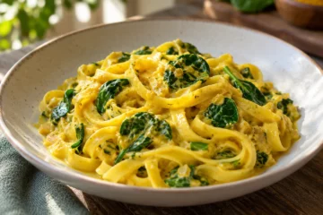Tagliatelles au curry et lait de coco avec épinards