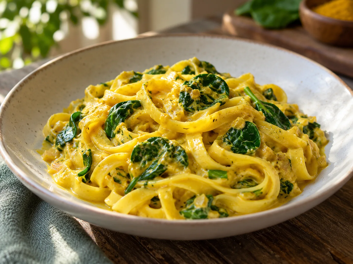 Tagliatelles au curry et lait de coco avec Ã©pinards