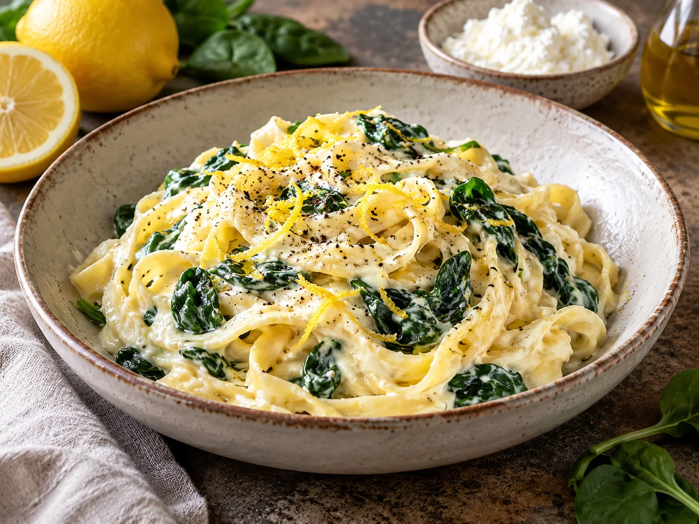 Tagliatelles aux Ã©pinards, ricotta et citron