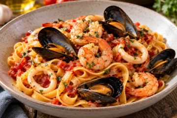 Tagliatelles aux moules, crevettes et calamars