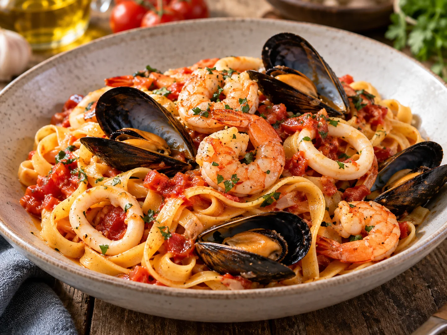 Tagliatelles aux moules, crevettes et calamars