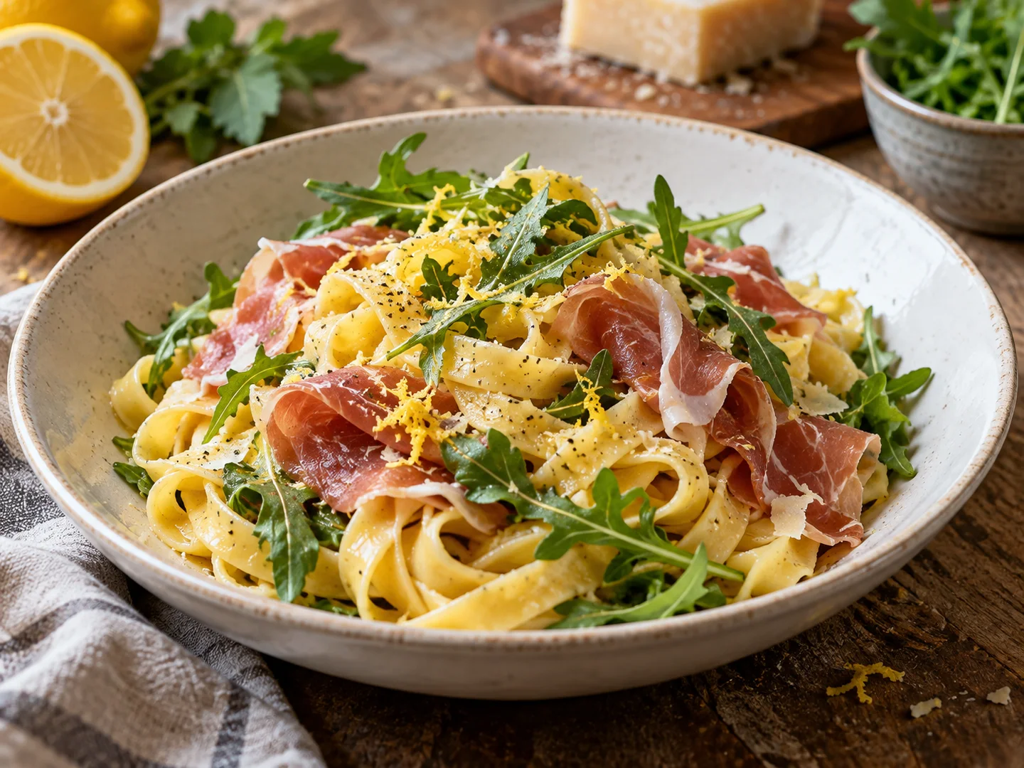 Tagliatelles au jambon cru, roquette et citron