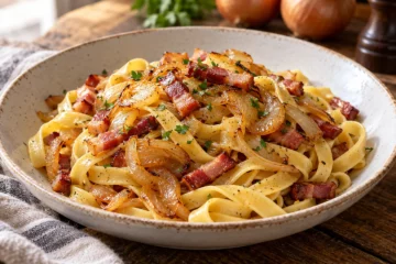 Tagliatelles au lard fumé et oignons fondants