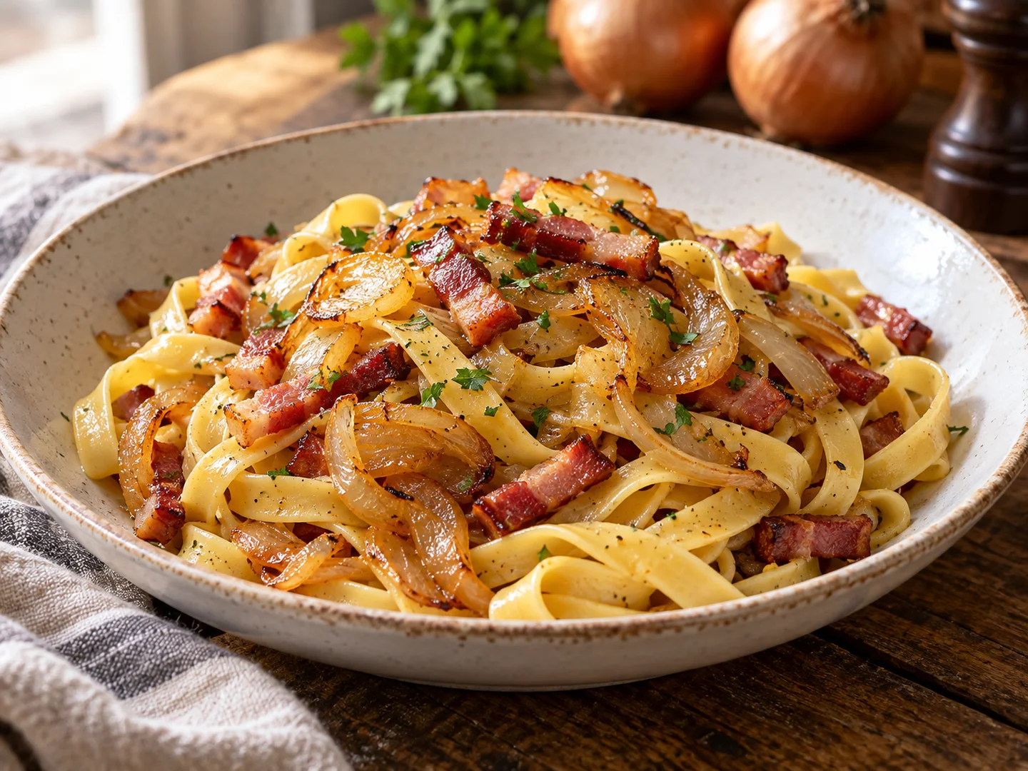 Tagliatelles au lard fumÃ© et oignons fondants