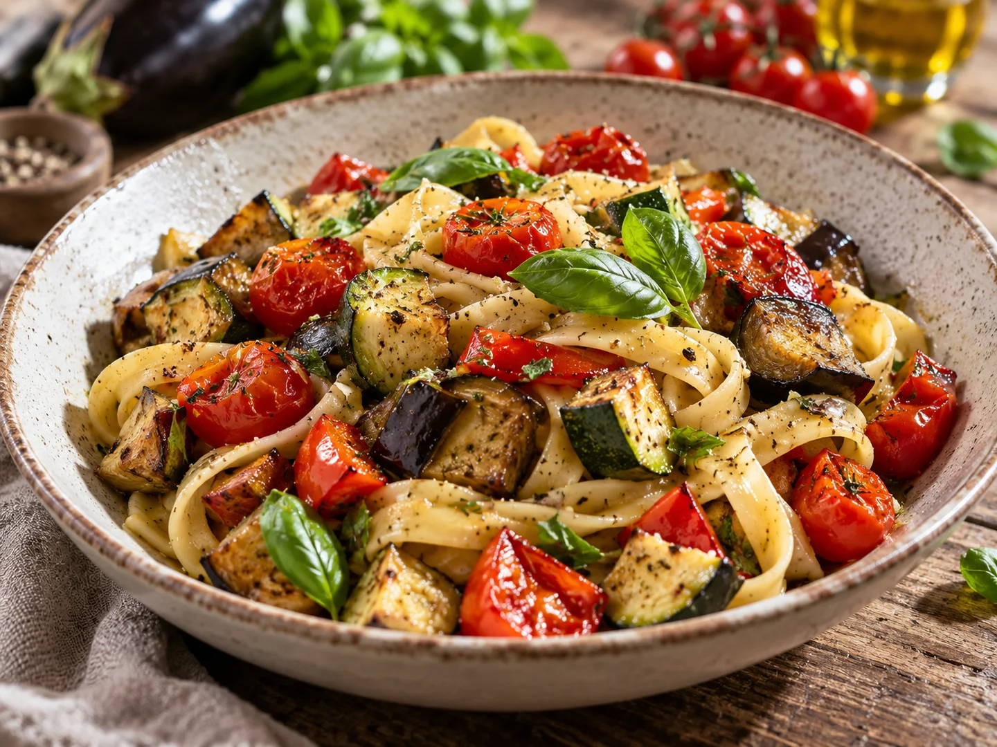 Tagliatelles aux lÃ©gumes rÃ´tis et basilic