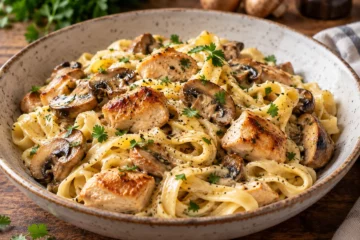 Tagliatelles au poulet avec champignons dorés