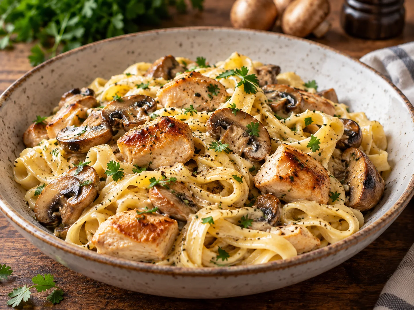 Tagliatelles au poulet avec champignons dorÃ©s