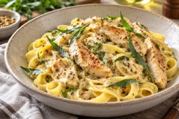 Tagliatelles au poulet, moutarde et estragon