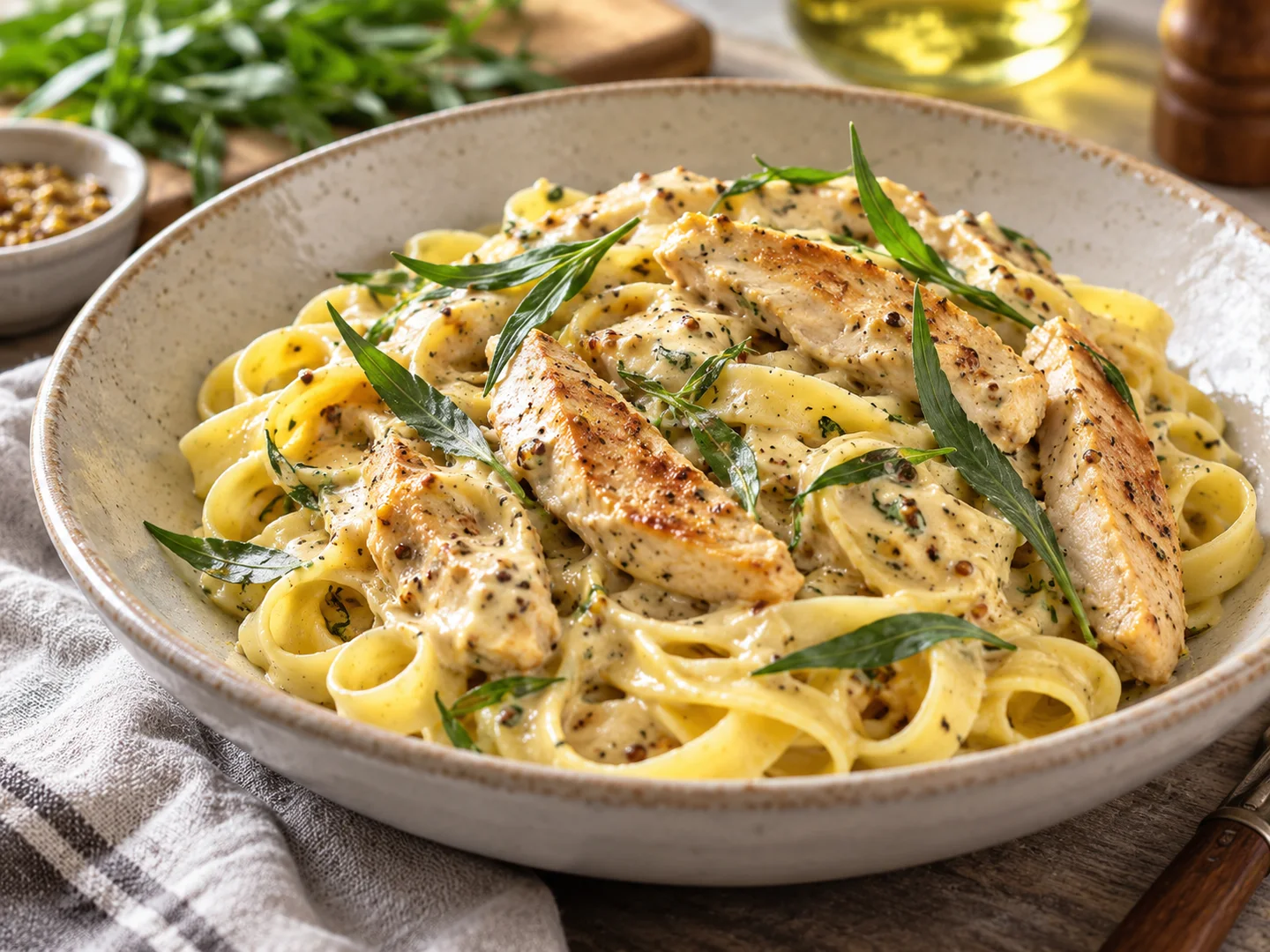 Tagliatelles au poulet, moutarde et estragon