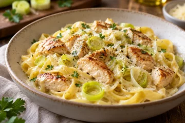 Tagliatelles au poulet et poireaux fondants