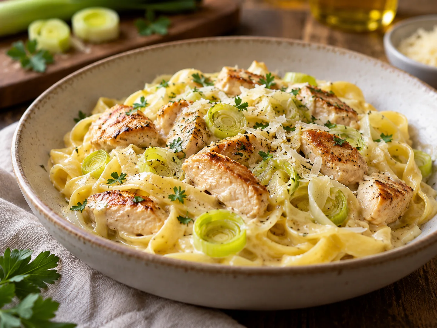 Tagliatelles au poulet et poireaux fondants