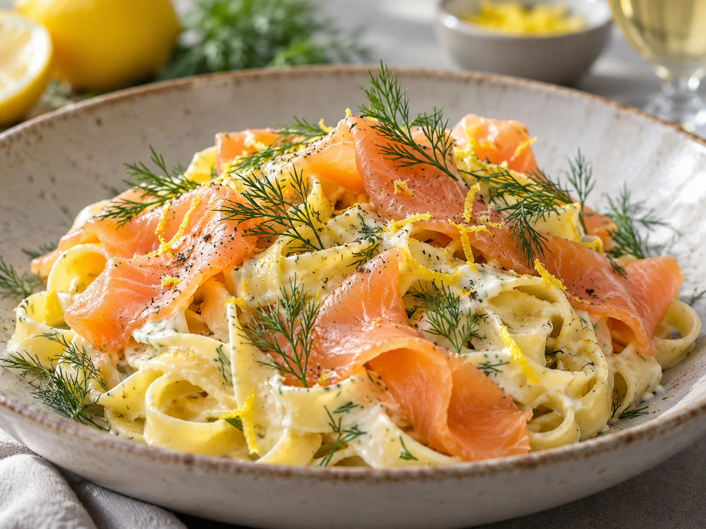 Tagliatelles au saumon fumÃ©, citron et aneth