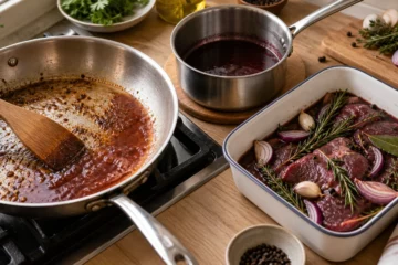 Poêle déglacée, réduction de vin en casserole et viande marinée avec des aromates