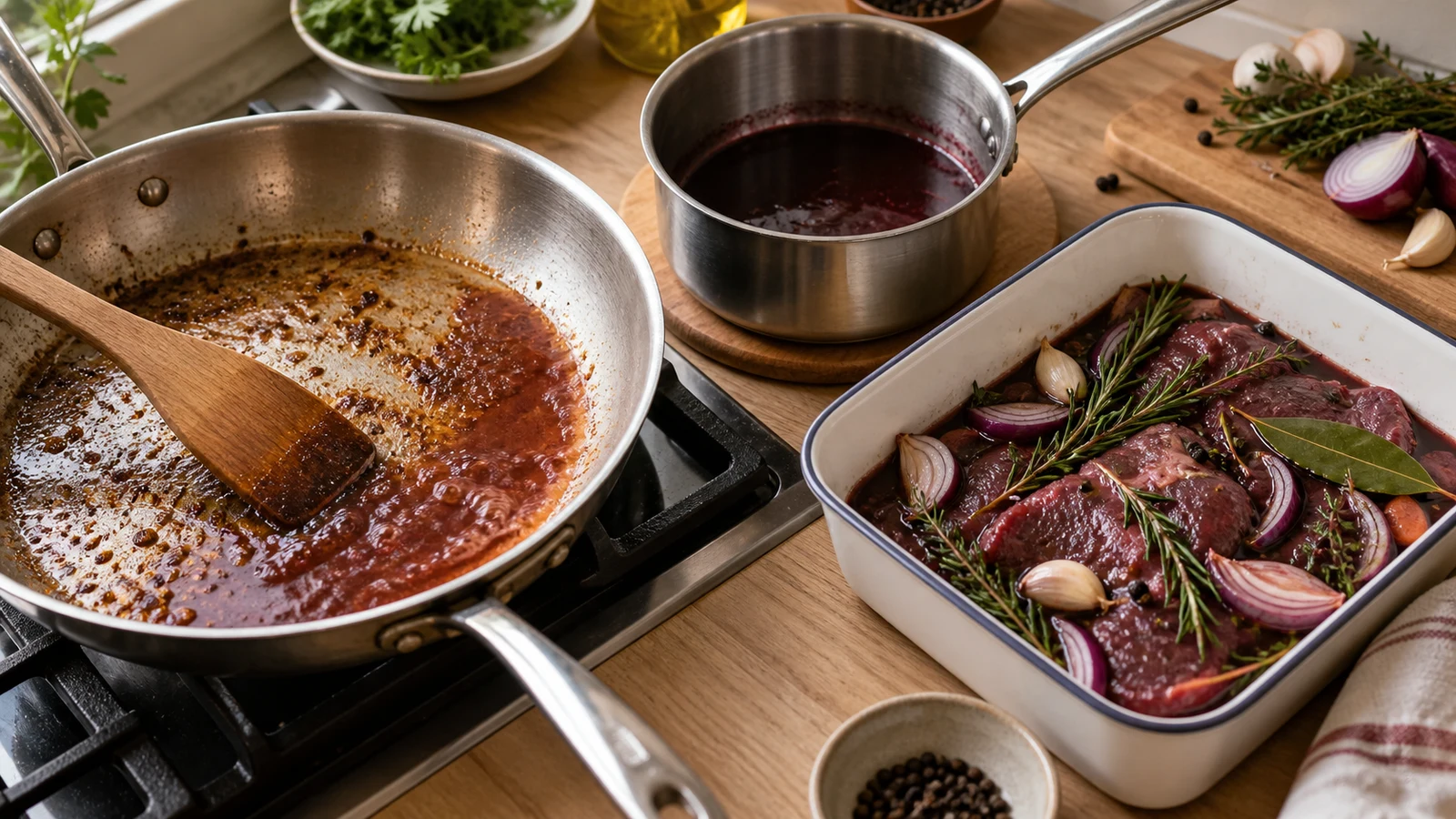 Poêle déglacée, réduction de vin en casserole et viande marinée avec des aromates