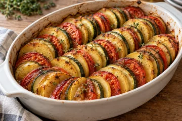Tian cuit composé de fines rondelles de rutabaga, courgette et tomate disposées en rangées