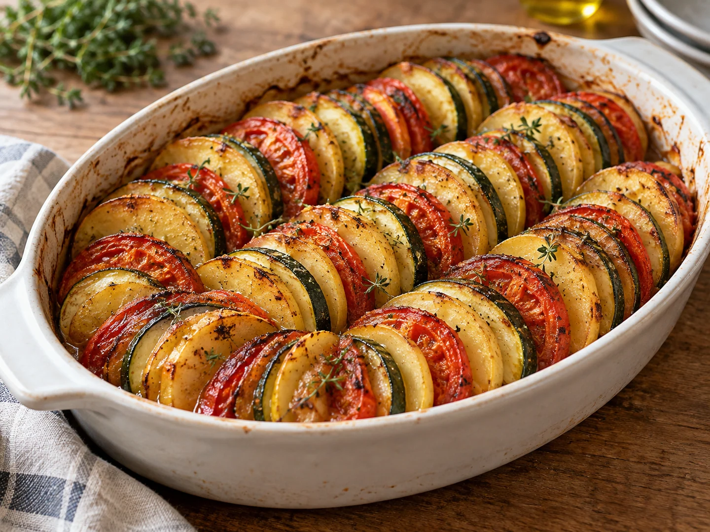 Tian cuit composé de fines rondelles de rutabaga, courgette et tomate disposées en rangées