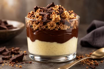 Verrine de crÃ¨me vanille, ganache chocolat et crumble