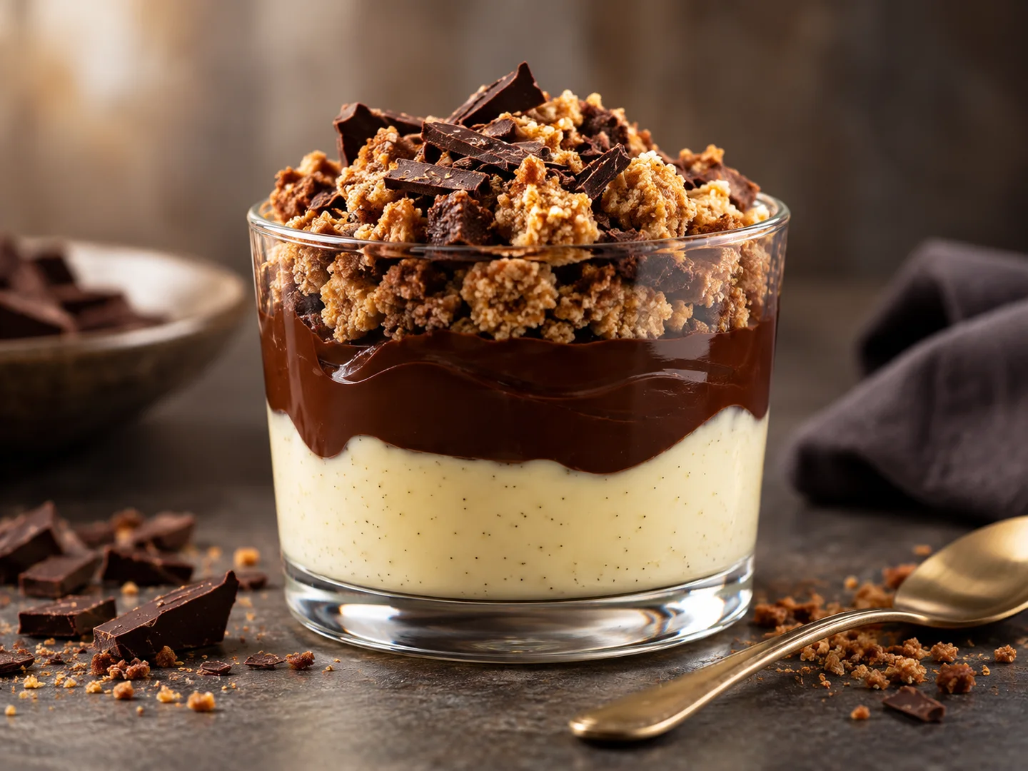 Verrine de crÃ¨me vanille, ganache chocolat et crumble