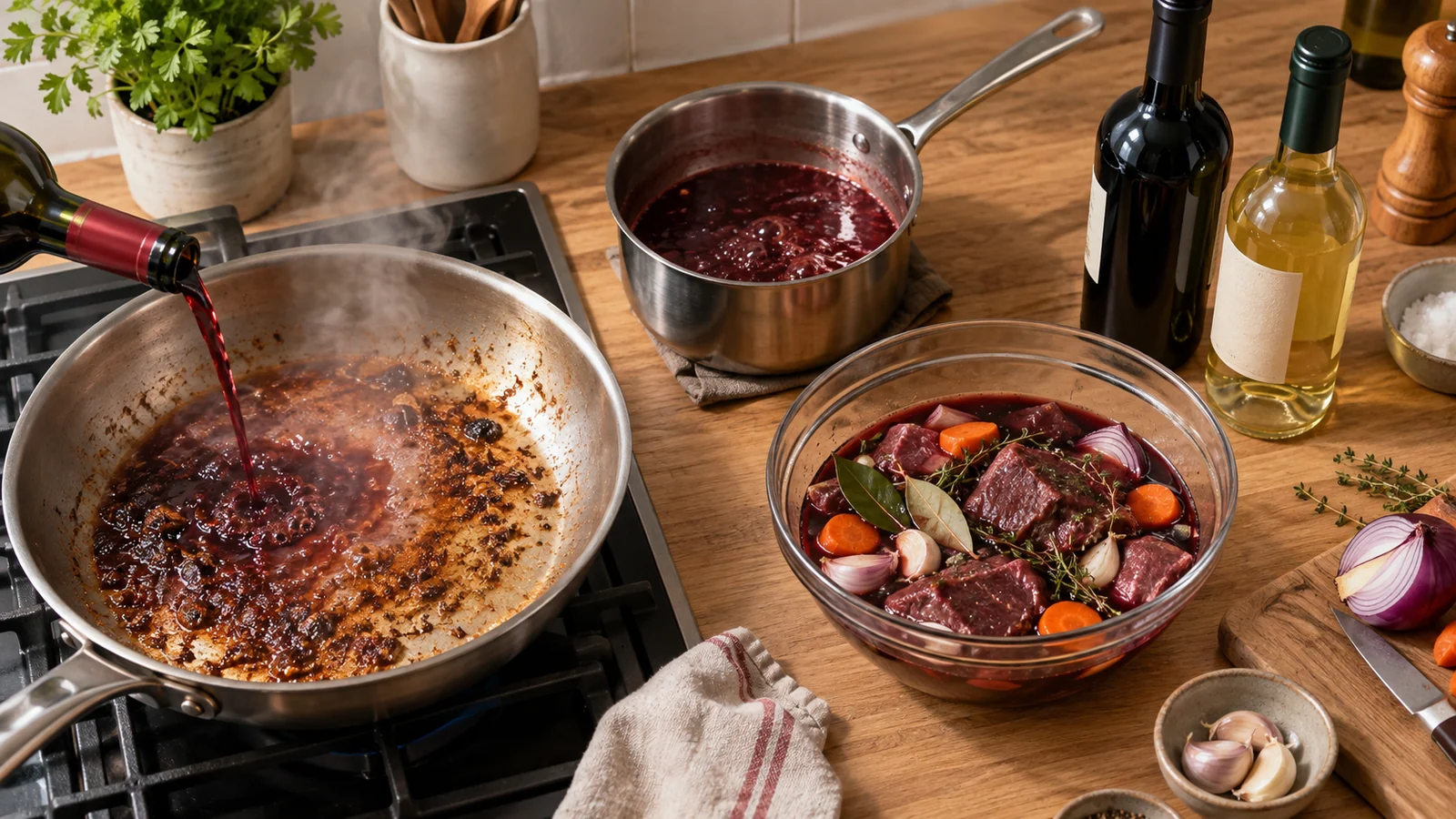 Poêle déglacée au vin, réduction en casserole et viande marinée sur un plan de travail