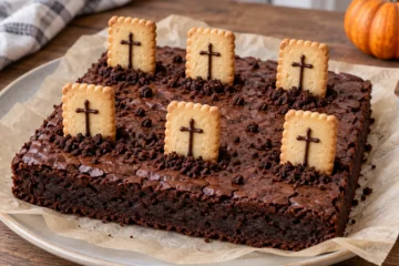 Brownie carré décoré de biscuits dressés comme des pierres tombales et de miettes au cacao