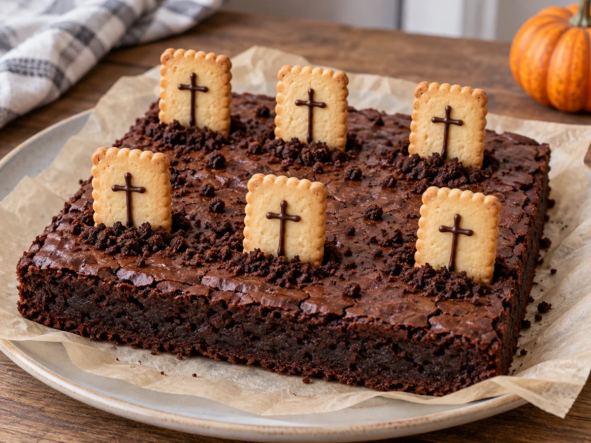 Brownie carré décoré de biscuits dressés comme des pierres tombales et de miettes au cacao