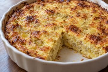 Clafoutis salé doré garni d’endives et de comté dans un plat rond