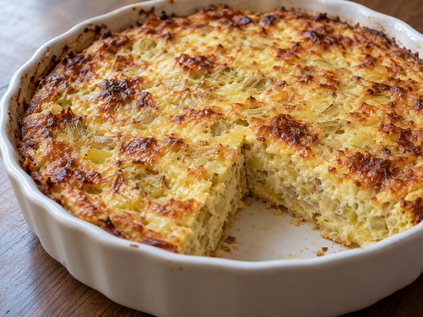 Clafoutis salé doré garni d’endives et de comté dans un plat rond