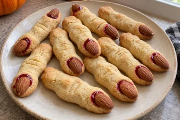 Biscuits sablés en forme de doigts, avec amandes pour les ongles et touches de confiture rouge