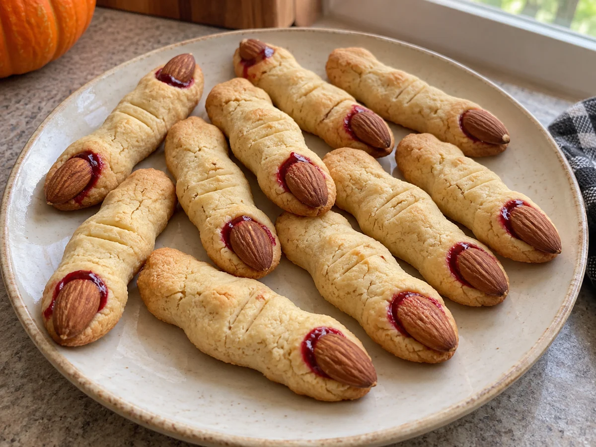 Biscuits sablés en forme de doigts, avec amandes pour les ongles et touches de confiture rouge
