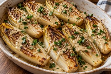 Demi-endives rôties nappées de sauce tahini, parsemées de sésame et de persil