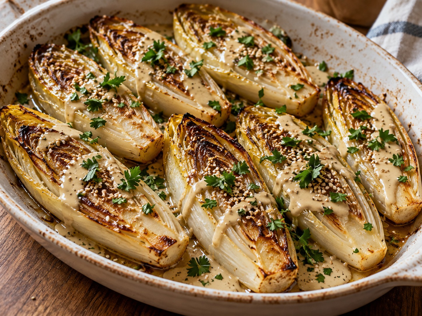 Demi-endives rôties nappées de sauce tahini, parsemées de sésame et de persil