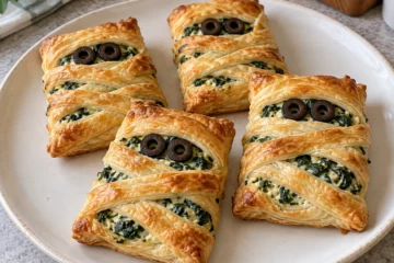 Feuilletés dorés en forme de momies, garnis d’épinards et de ricotta, avec des yeux en olives