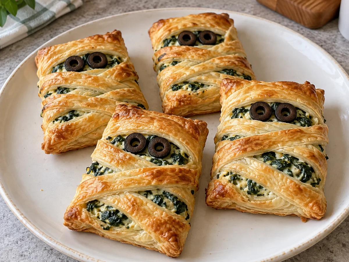 Feuilletés dorés en forme de momies, garnis d’épinards et de ricotta, avec des yeux en olives