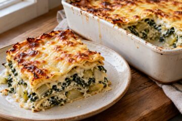 Portion de lasagnes aux endives, ricotta et épinards avec une croûte de fromage dorée