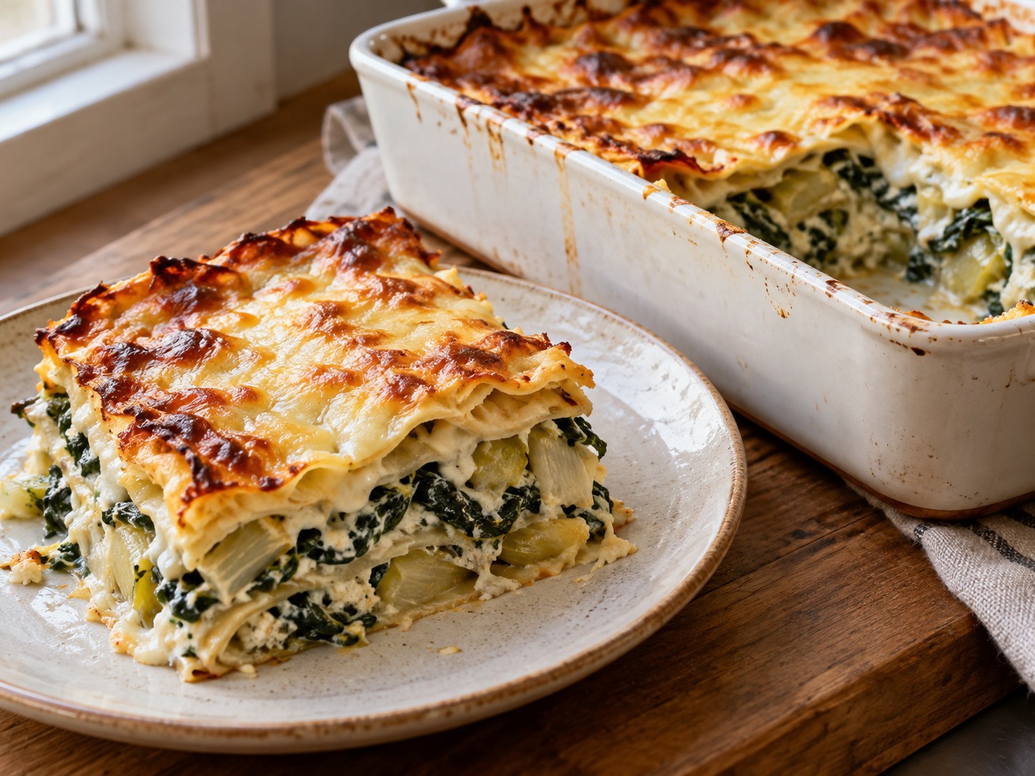 Portion de lasagnes aux endives, ricotta et épinards avec une croûte de fromage dorée