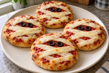 Mini-pizzas à la tomate décorées de bandelettes de mozzarella et de deux yeux en olives noires
