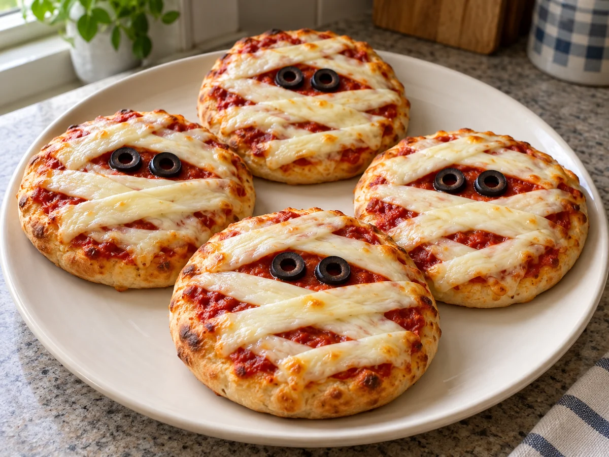 Mini-pizzas à la tomate décorées de bandelettes de mozzarella et de deux yeux en olives noires