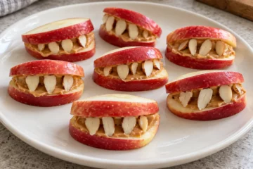 Quartiers de pomme assemblés en bouches de monstre avec beurre de cacahuète et dents en amandes effilées