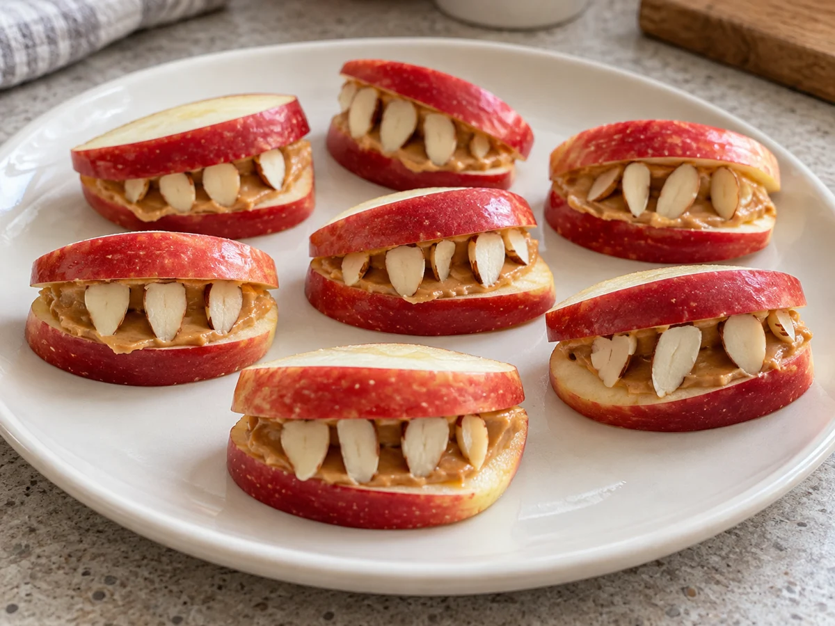 Quartiers de pomme assemblés en bouches de monstre avec beurre de cacahuète et dents en amandes effilées