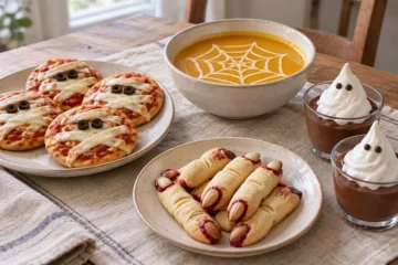 Table avec pizzas momies, velouté à la toile de crème, doigts sablés et verrines fantômes