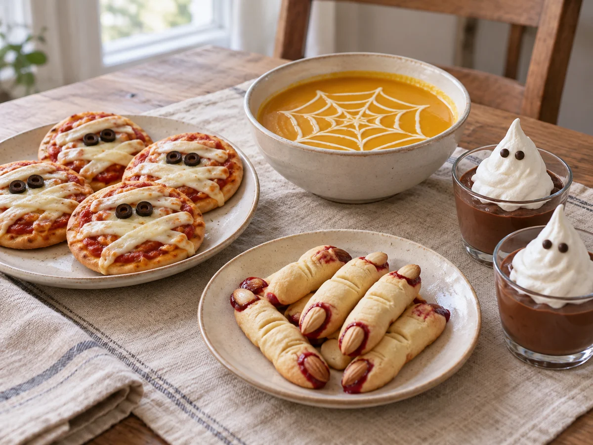 Table avec pizzas momies, velouté à la toile de crème, doigts sablés et verrines fantômes