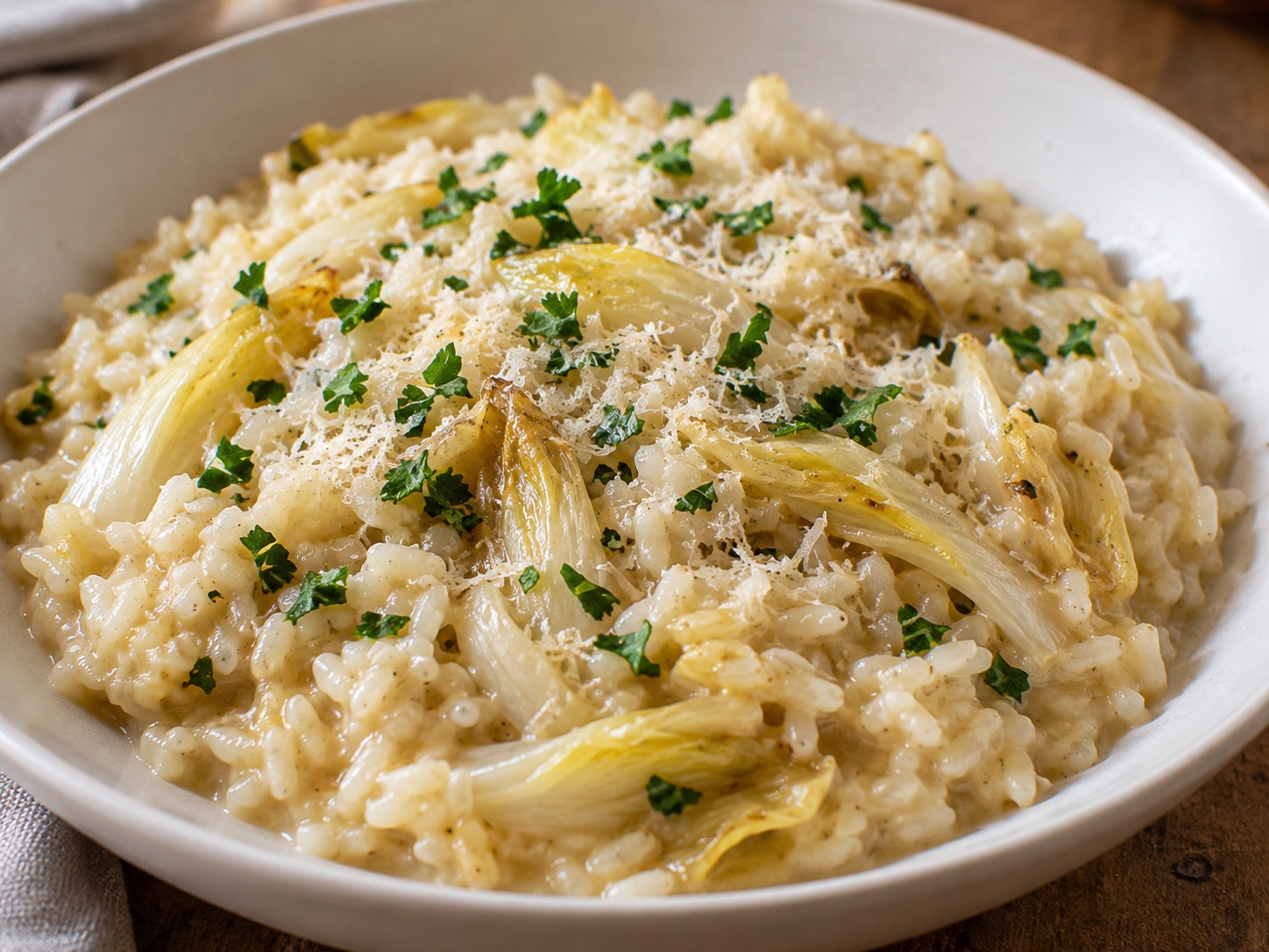 Risotto crémeux garni de lamelles d’endives cuites, de parmesan et de persil
