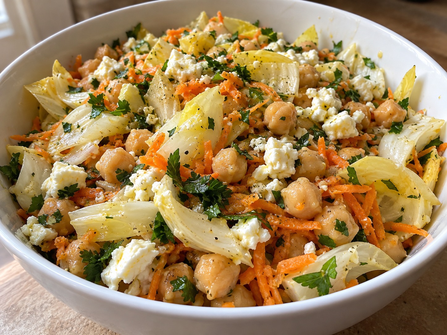Salade d’endives crues, pois chiches, feta émiettée, carotte et persil