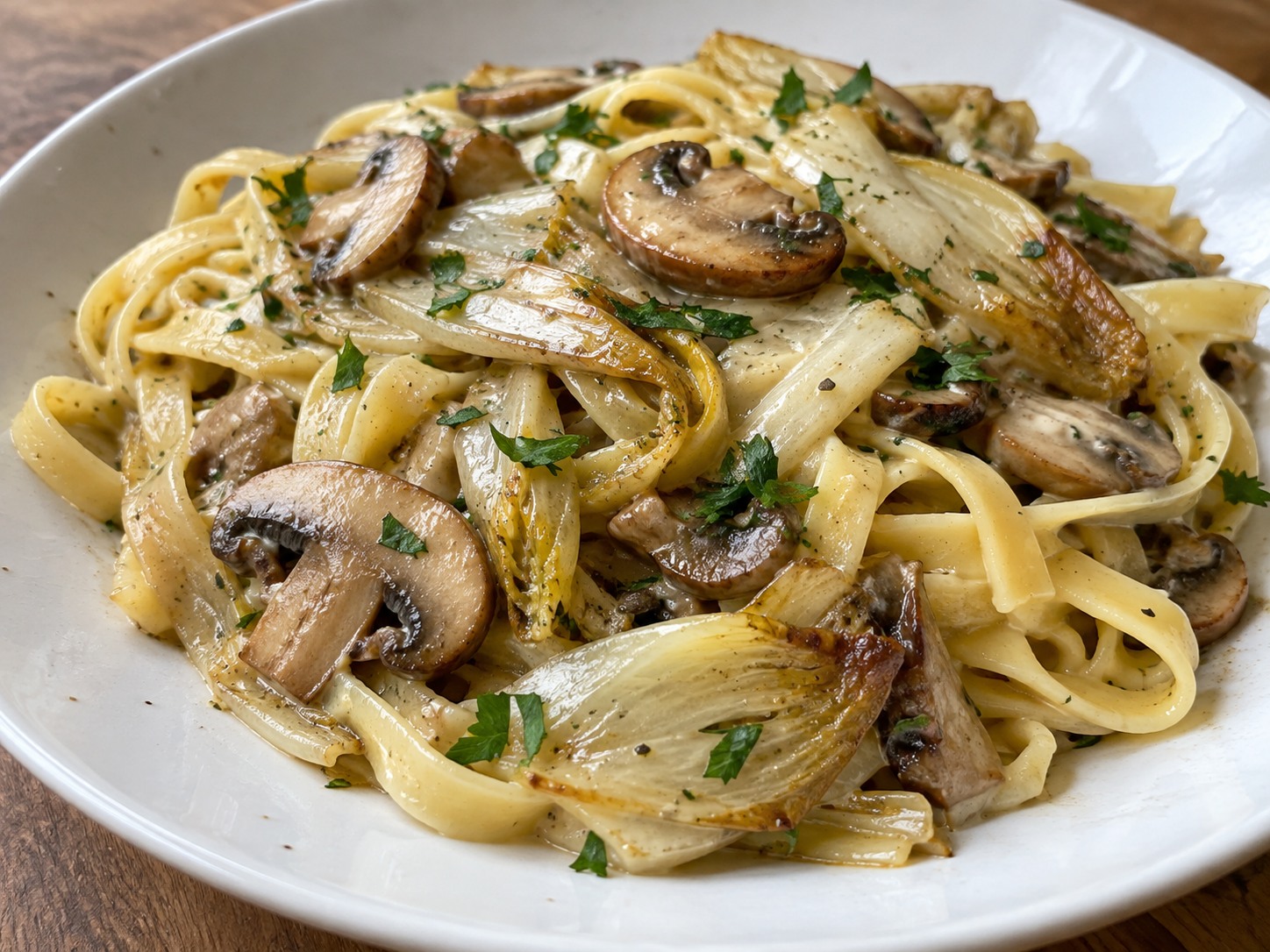 Tagliatelles enrobées de crème avec champignons dorés, lanières d’endives et persil