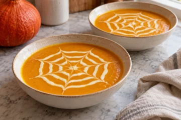 Deux bols de velouté orange de potimarron décorés d’une toile blanche en crème