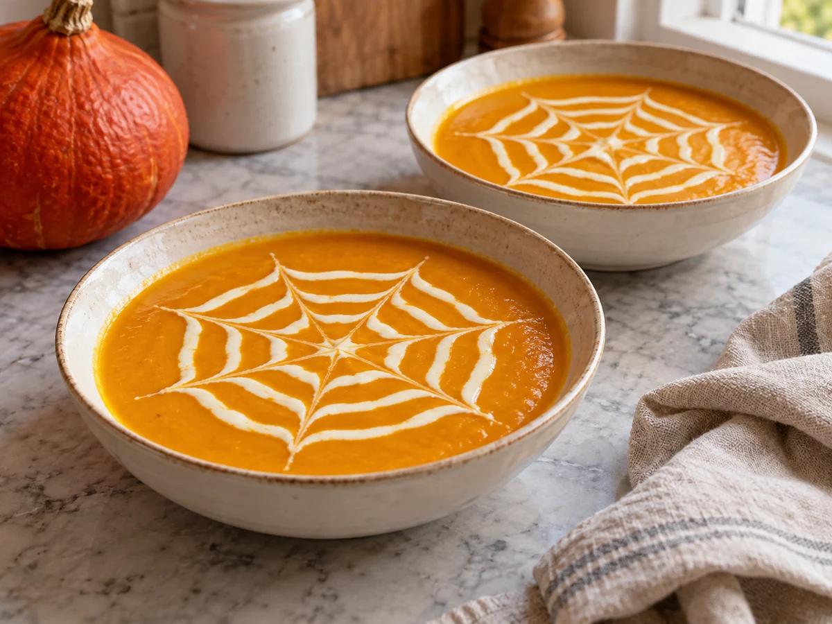 Deux bols de velouté orange de potimarron décorés d’une toile blanche en crème