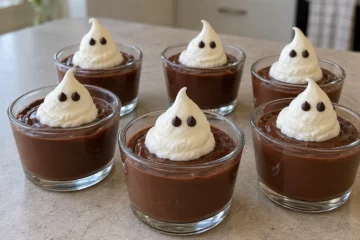 Petites verrines de crème au chocolat surmontées de fantômes blancs en chantilly avec yeux en chocolat