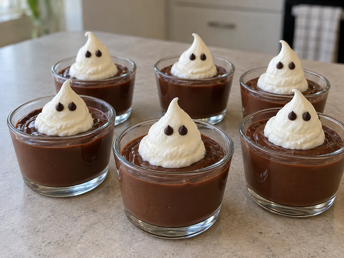 Petites verrines de crème au chocolat surmontées de fantômes blancs en chantilly avec yeux en chocolat